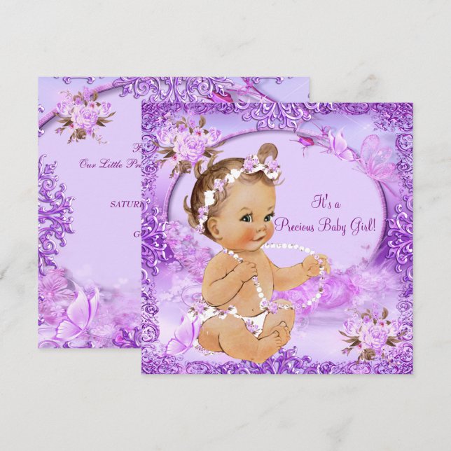 Invitación Precioso Chica Baby Shower Purple Floral (Anverso / Reverso)
