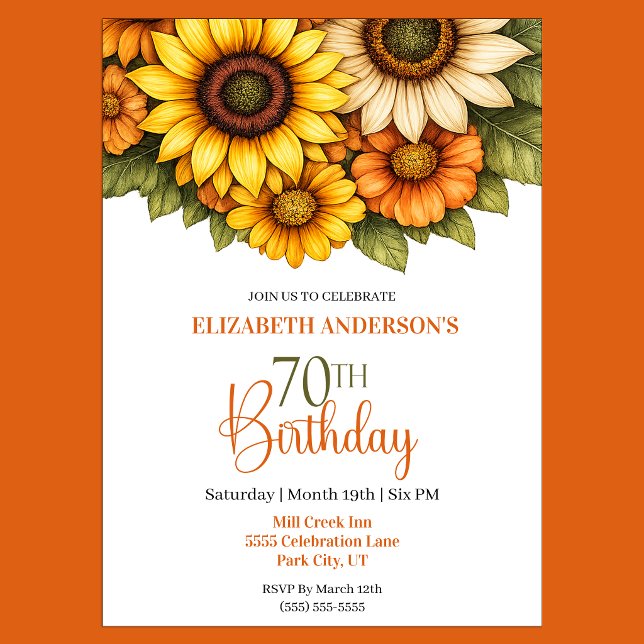 Invitación Precioso cumpleaños 70 de girasol (Pretty Sunflower 70th Birthday Invitation For Women.)