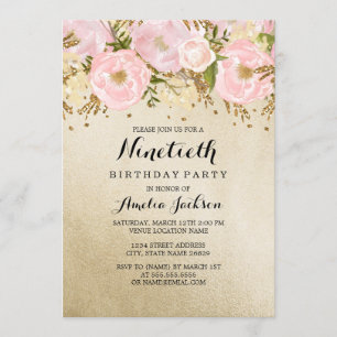 Invitación Precioso Cumpleaños 90 Floral Rosa Rubor Dorado