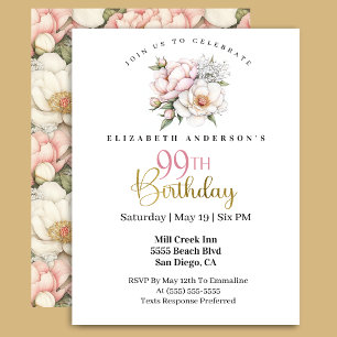 Invitación Precioso Cumpleaños 99 Rosa Floral de Peonía con R