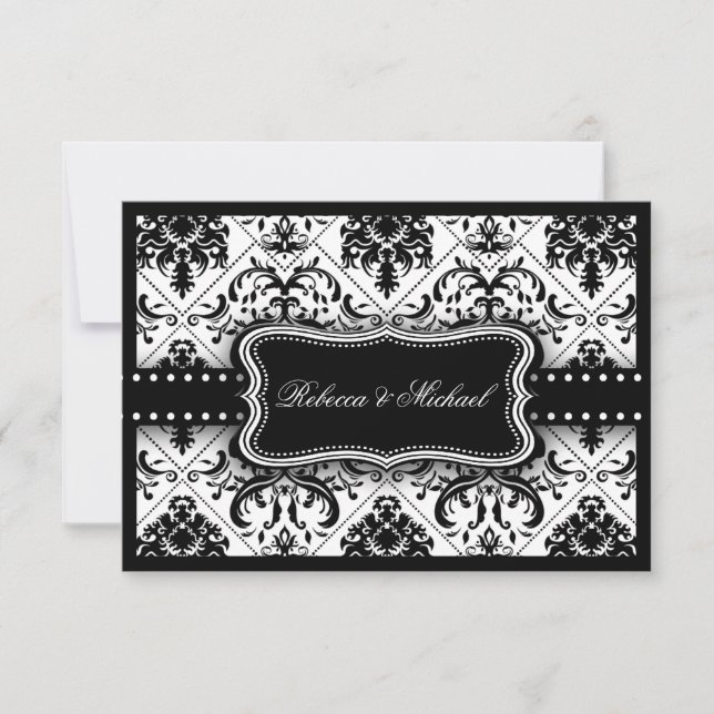 Invitación Precioso Damasco blanco y negro (Anverso)
