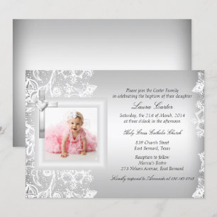 Invitación Precioso encaje y cruz de plata para bautizo