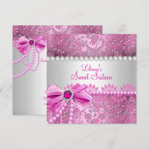Invitación Precioso lazo de diamantes rosado y plata Sweet 16