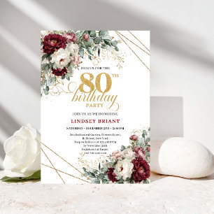 Invitación Precioso Marsala Floral Eucalipto Oro 80 Cumpleaño