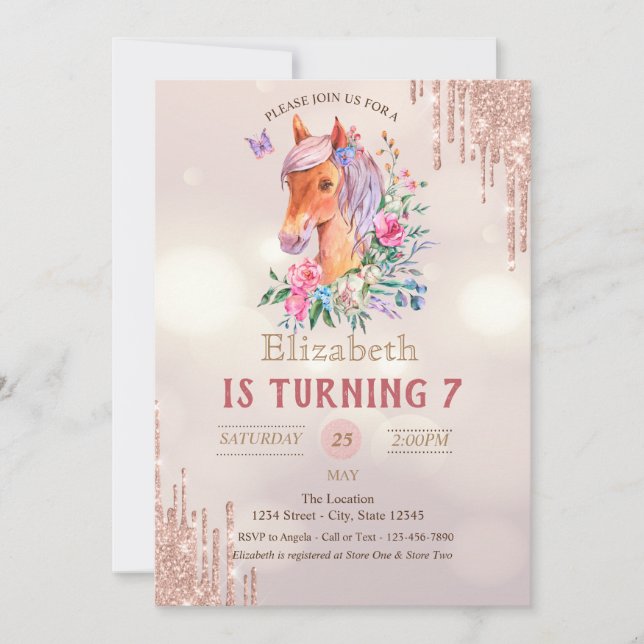 Invitación Precioso pony Brillo Cumpleaños Bokeh (Anverso)