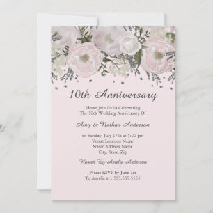 Invitación Precioso Rosa Floral Plateado de Aniversario 10º