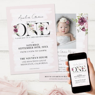 Invitación Precioso Rubor Floral UNO Cumpleaños de la Bebé Ni