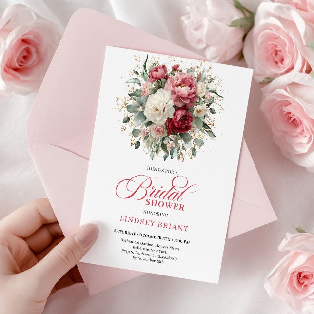 Invitación Precioso Sabor Rojizo Boho Rosas Doradas Despedida (Pretty Bohemian Red Blush Gold Roses Bridal Shower

)