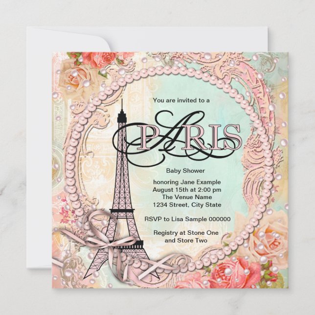 Invitación Precioso Shower de Bebé Perlas Rosadas París (Anverso)