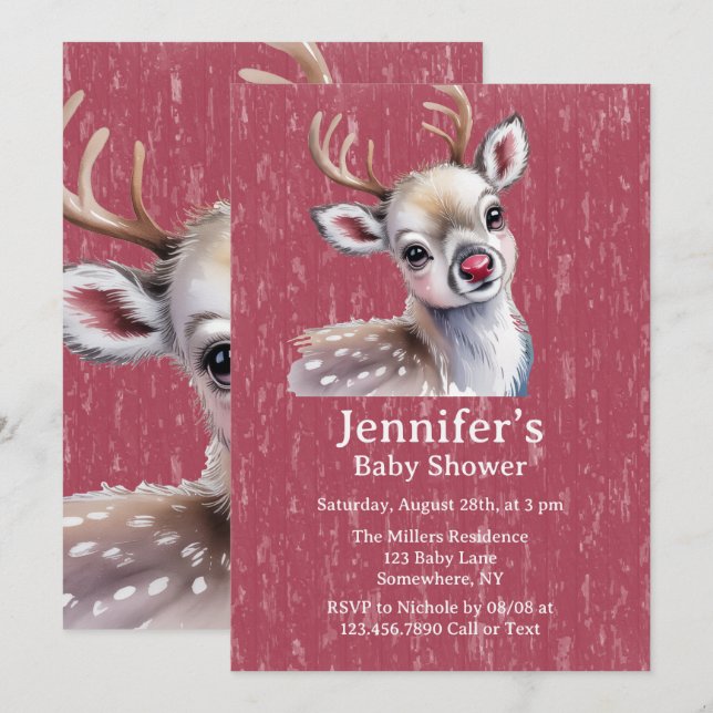 Invitación Precious White Reindeer Red Shiny Nose Baby Shower (Anverso / Reverso)