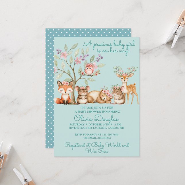 Invitación Precious Woodland Animals Baby Shower (Anverso/Reverso In Situ)