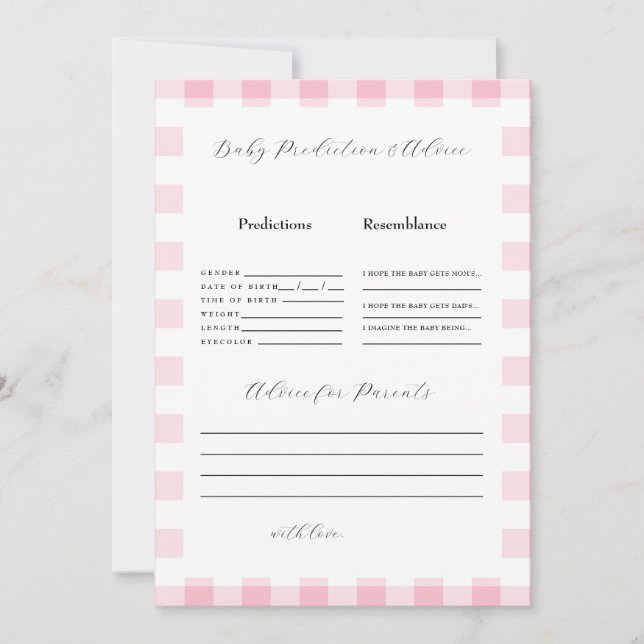 Invitación Predicciones Baby Shower de Gingham rosa II (Anverso)