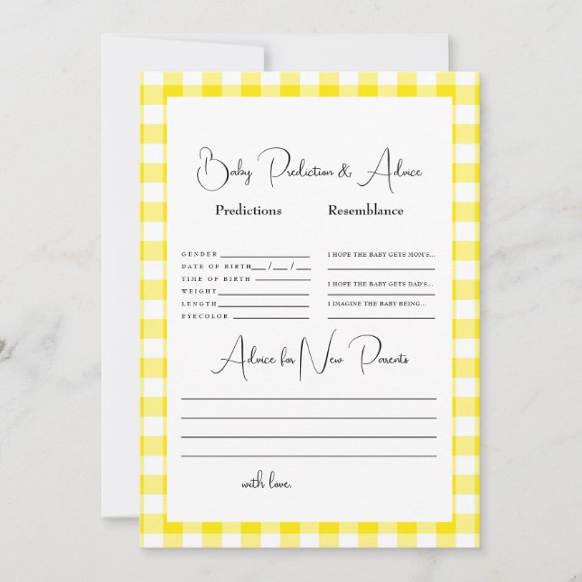 Invitación Predicciones de bebé de Gingham amarillo (Anverso)