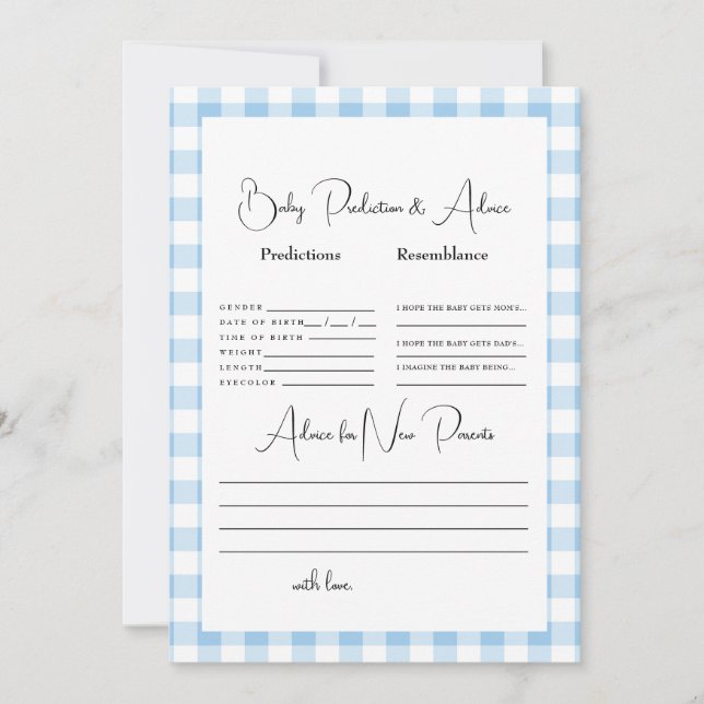 Invitación Predicciones de bebé de Gingham azul claro (Anverso)