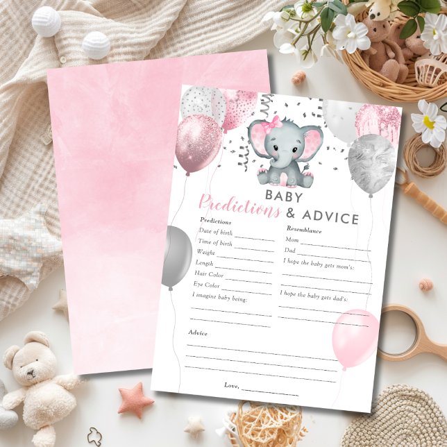 Invitación Predicciones para bebés Chica Juego de ducha elefa (Baby Predictions Girl Elephant Shower Game Invitation)