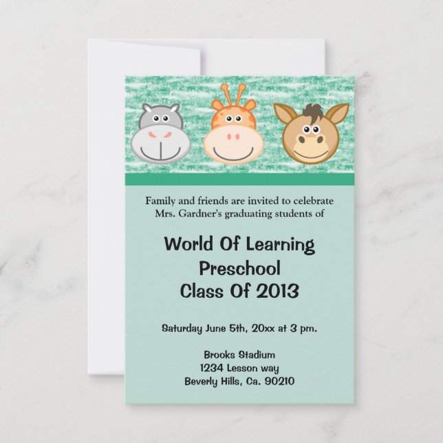 Invitación Preescolar lindo de los animales o graduación de (Anverso)