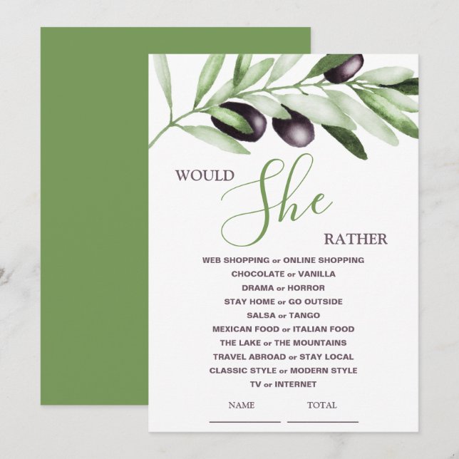 Invitación Prefiere Olive Brands Bridal Shower Game (Anverso / Reverso)