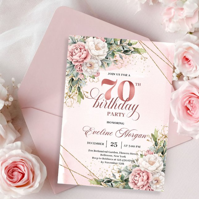 Invitación Premium Rose Gold Boho Floral 70th Birthday Invite (Premium Rose Gold Boho Floral 70th Birthday Invitation)