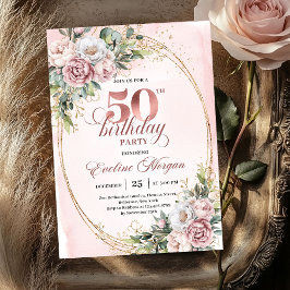Invitación Premium Rose Gold Floral 50th Birthday Invitation