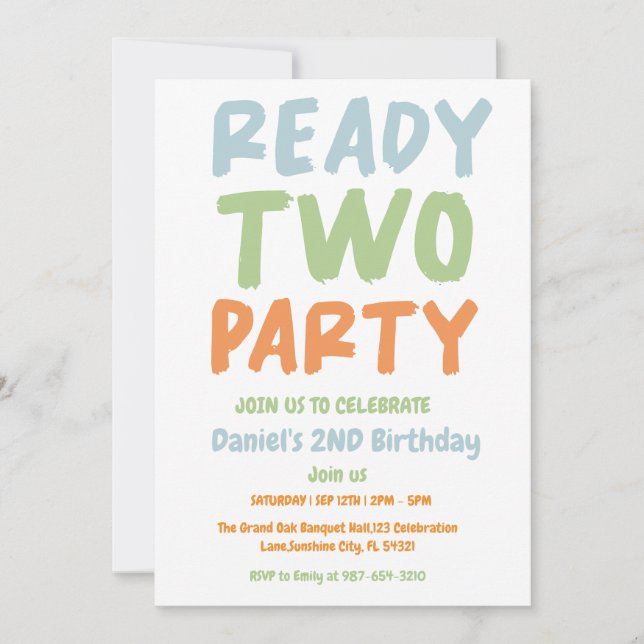 Invitación Preparado Dos Fiestas, Boy Second Birday Party (Anverso)