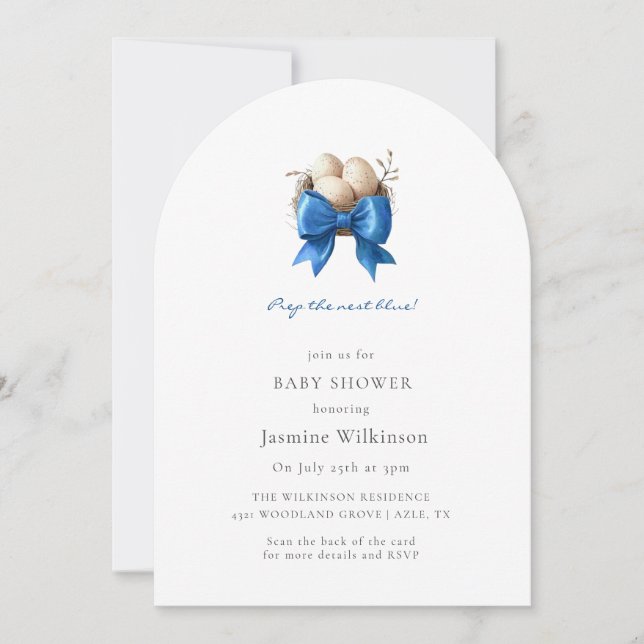 Invitación preparar código Baby Shower qr azul nido (Anverso)
