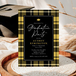 Invitación Preppy Amarillo Cuadro Escocés Negro Graduación