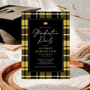 Invitación Preppy Amarillo Cuadro Escocés Negro Graduación