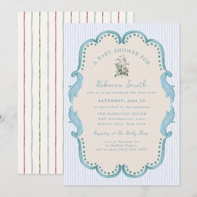 Invitación Preppy Baby Boy Blue Grandmillennial Baby Shower (Anverso / Reverso)