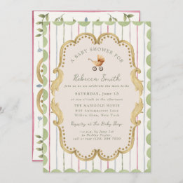 Invitación Preppy Baby Carriage Grandmillennial Baby Shower