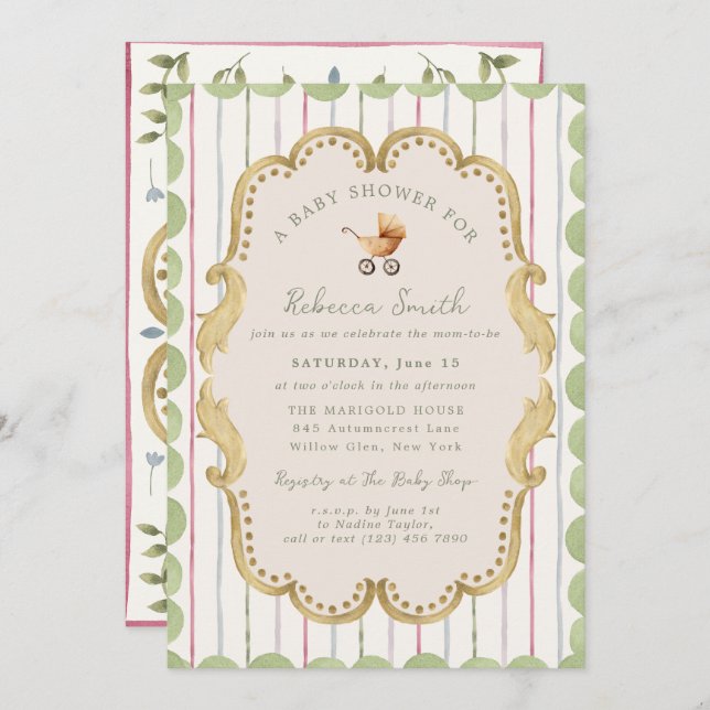 Invitación Preppy Baby Carriage Grandmillennial Baby Shower (Anverso / Reverso)