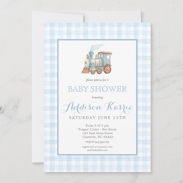 Invitación Preppy Blue Gingham Choo Choo Train Baby Shower (Anverso)