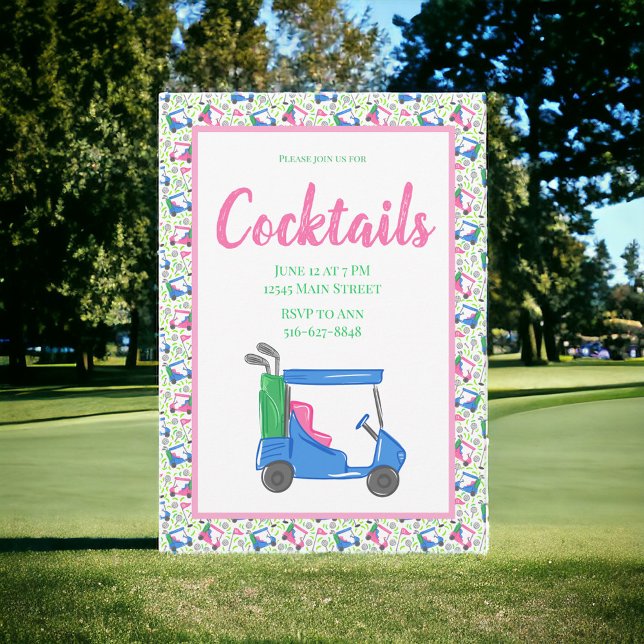 Invitación Preppy Blue Golf Cart Cocktail Fiesta Border (Subido por el creador)