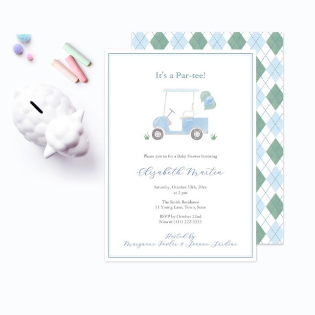 Invitación Preppy Blue Green Golf Carro Baby Boy Shower (it's a golf theme baby shower par-tee with pale blue golf cart and blue green diamond argyle pattern)