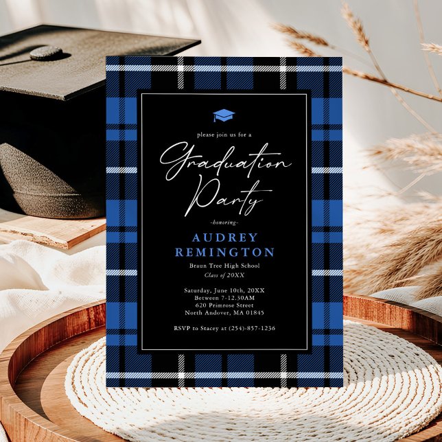 Invitación Preppy Blue Tartan Graduation (Subido por el creador)