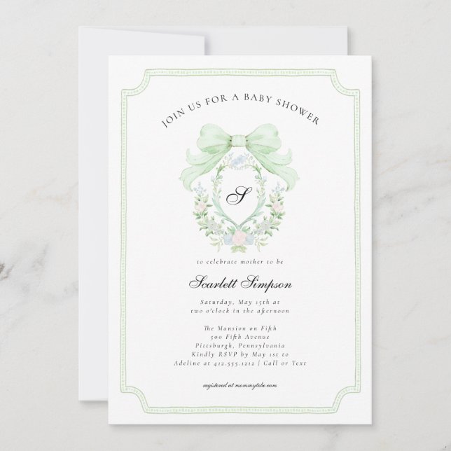 Invitación Preppy Botanical Green Bow Monogram Baby Shower   (Anverso)