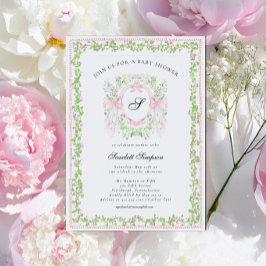 Invitación Preppy Botanical Pink Bow Monogram Baby Shower