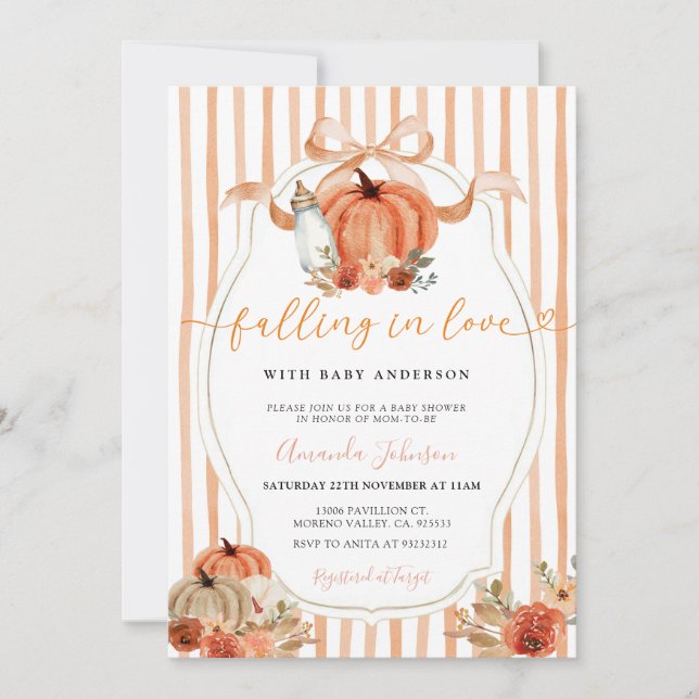 Invitación Preppy Bow Calabaza cayendo al amor Baby Shower (Anverso)
