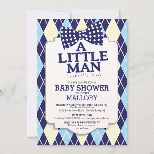 Invitación Preppy Bow Tie Argyle Little Man Boys Baby Shower (Anverso)
