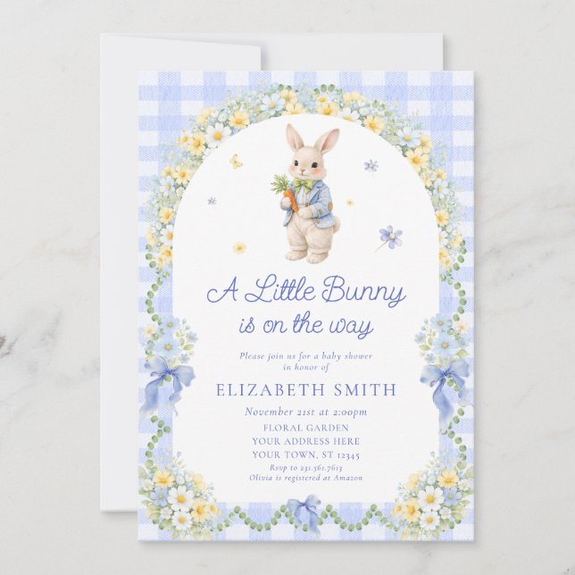 Invitación Preppy Bunny Floral Rabbit Gingham Boy Baby Shower (Anverso)