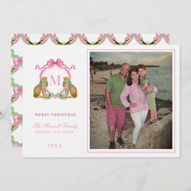 Invitación Preppy Christmas Leopard Crest Monogram  (Anverso / Reverso)