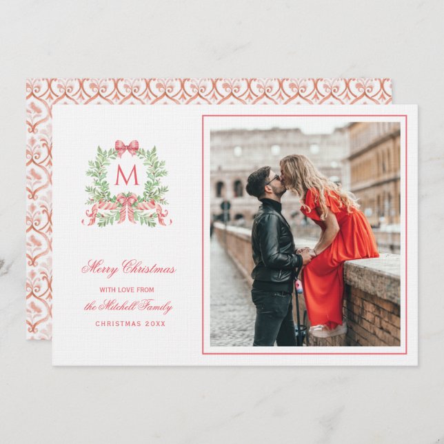 Invitación Preppy Christmas Leopard Crest Monogram  (Anverso / Reverso)