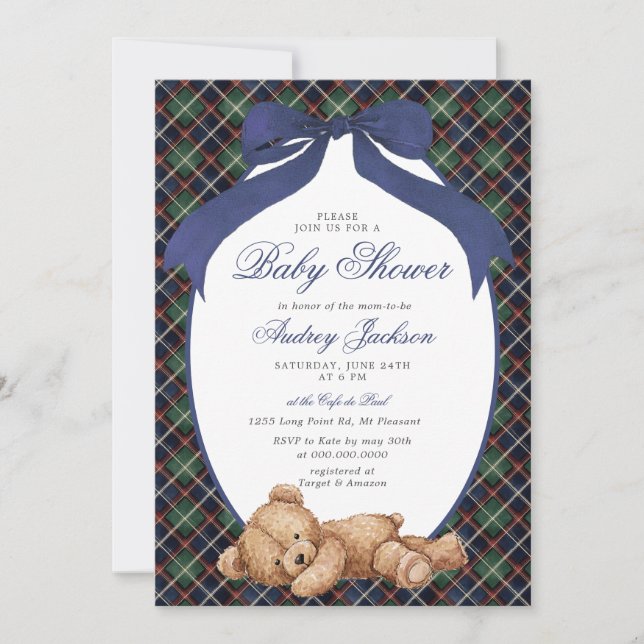 Invitación Preppy Classic Polo Bear Navy Plaid Baby Shower (Anverso)