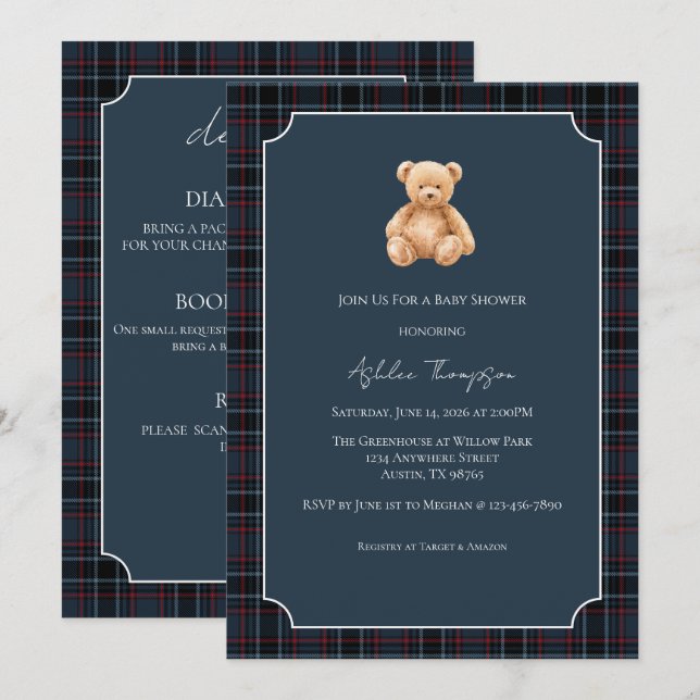Invitación Preppy Classic Teddy Bear Baby Shower (Anverso / Reverso)