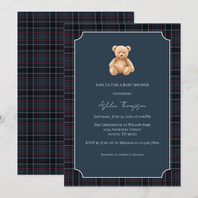 Invitación Preppy Classic Teddy Bear Baby Shower (Anverso / Reverso)