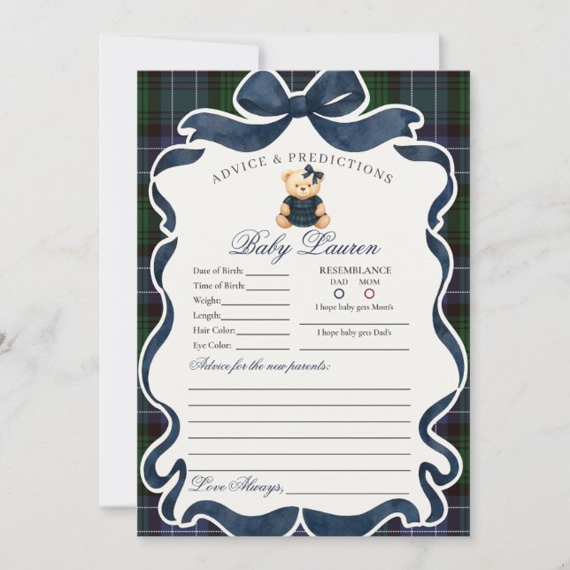 Invitación Preppy Coquette Bow Bear Girl Advice for Baby Card (Anverso)