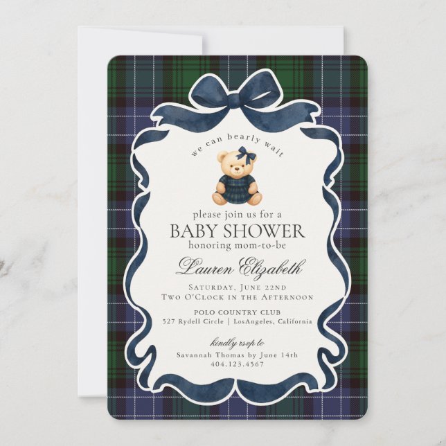 Invitación Preppy Coquette Bow Bear Tartan Plaid Baby Shower (Anverso)
