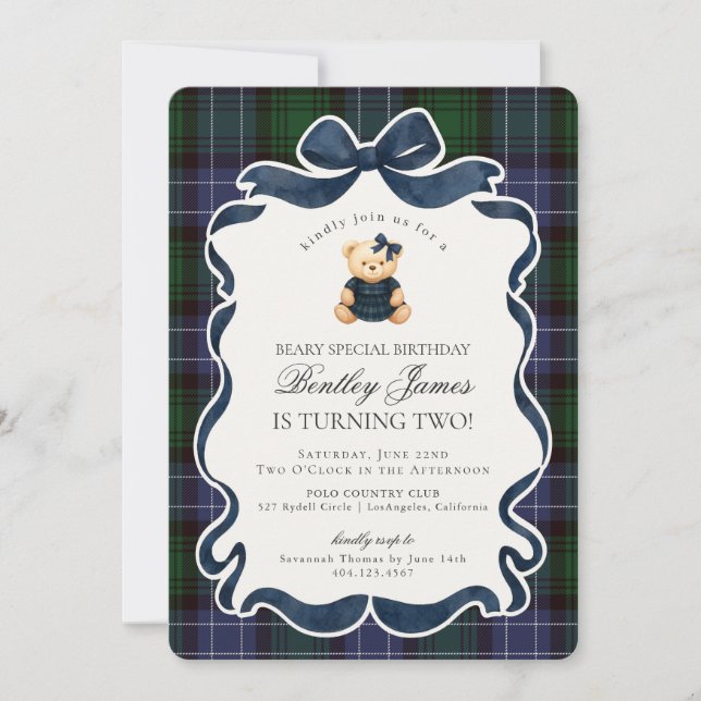 Invitación Preppy Coquette Bow Bear Tartan Plaid Birthday (Anverso)