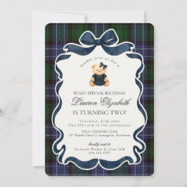 Invitación Preppy Coquette Bow Bear Tartan Plaid Birthday
