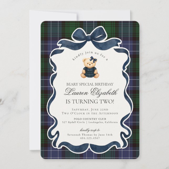 Invitación Preppy Coquette Bow Bear Tartan Plaid Birthday (Anverso)