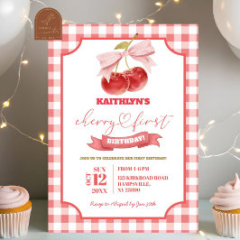 Invitación Preppy Coquette Cherry en primer Chica de cumpleañ